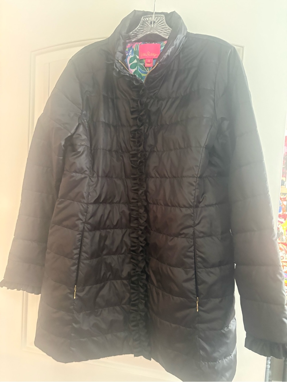 Lilly Pulitzer Black Doris Ruffle-Trim Puffer Jacket